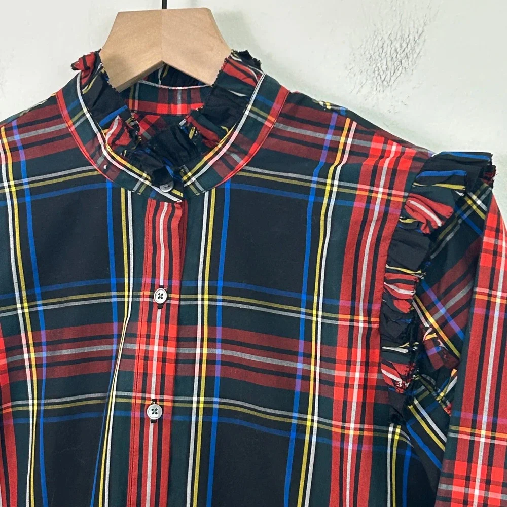 NWT J.Crew Classic Fit Ruffle Popover Black Stewart‎ Tartan Plaid Womens Small